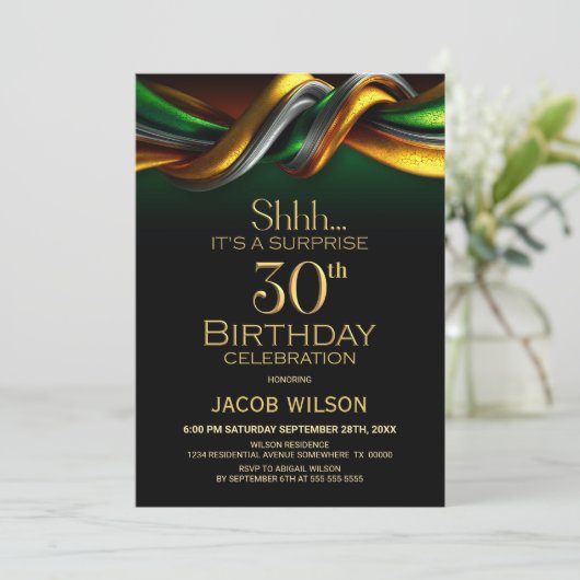 Modern Green and Gold Surprise 30th Birthday Party 招待状 (スタンド正面)