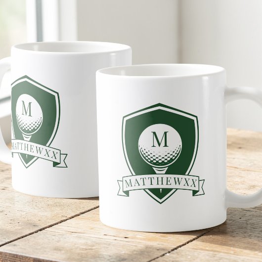 Modern Green and White Golf Ball Name Monogram コーヒーマグカップ