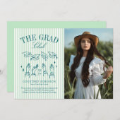 Modern Green and White Stripe Photo Graduation 案内状 (正面/裏面)