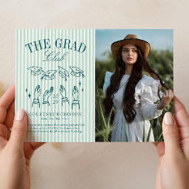 Modern Green and White Stripe Photo Graduation 案内状