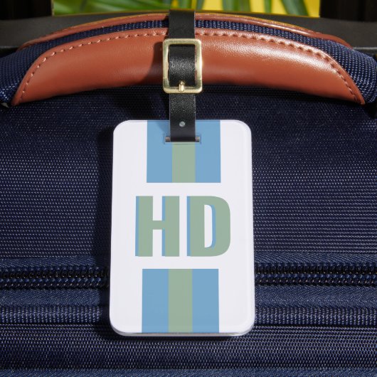 Modern Green Blue striped Shadow Monogram girly ラゲッジタグ (正面インサイチュ2)