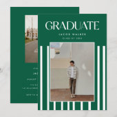Modern Green Bold 2-Photo Striped Graduation Party 招待状 (正面/裏面)