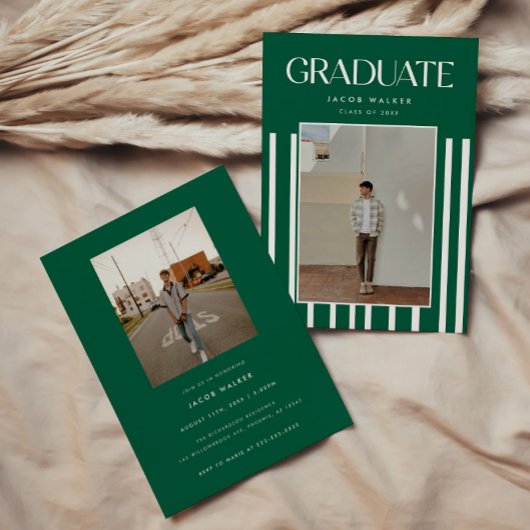Modern Green Bold 2-Photo Striped Graduation Party 招待状