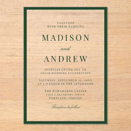 Modern Green Border Wedding アクリル招待状 (正面)
