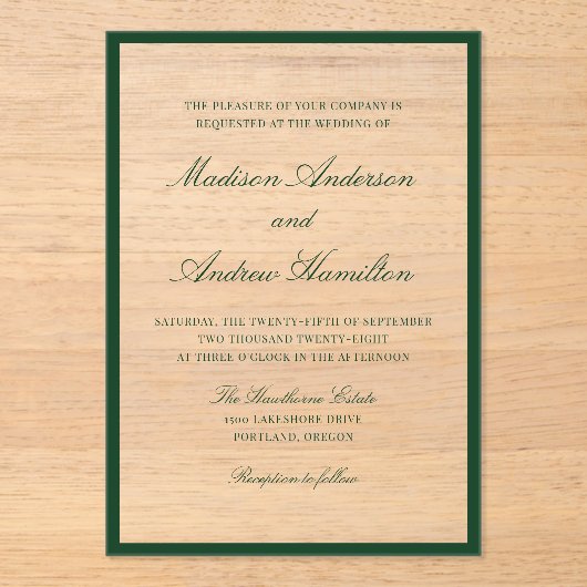 Modern Green Border Wedding アクリル招待状 (正面)