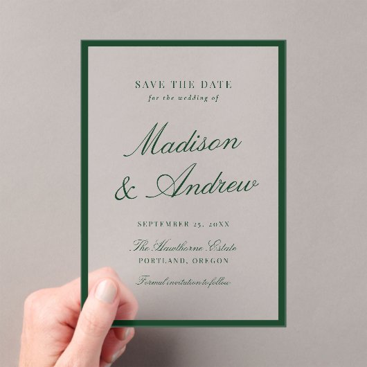 Modern Green Border Wedding Save the Date アクリル招待状 (インサイチュ (ポータブル))