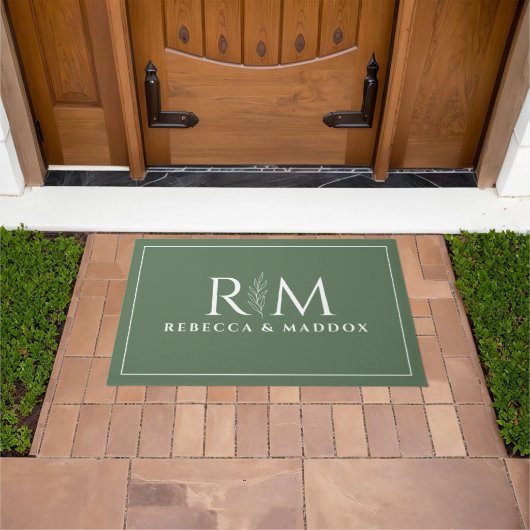 Modern Green Botanical Monogram Door Mat ドアマット (室外)