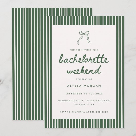 Modern Green Coquette Bow Bachelorette Weekend 招待状 (正面/裏面)