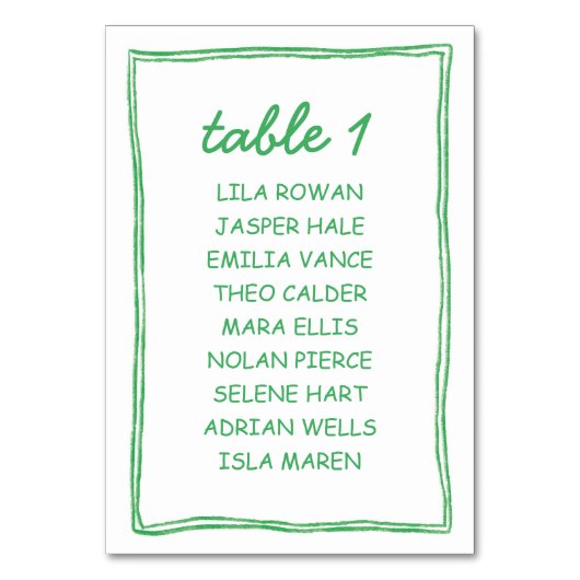 Modern Green Doodle Wedding Seating Chart Card テーブルナンバー (正面)