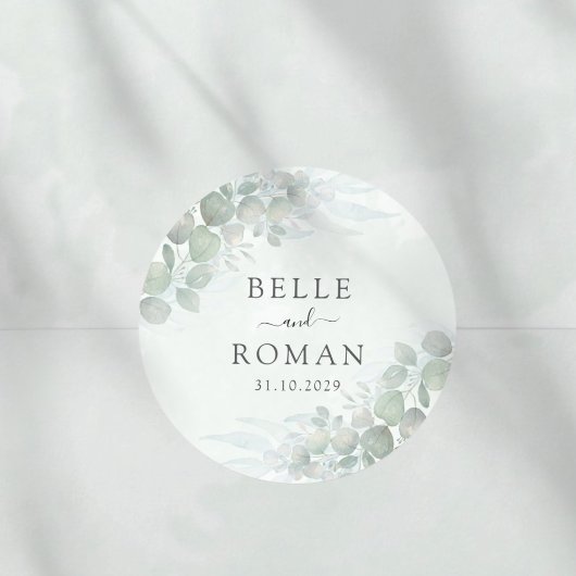 Modern Green Eucalyptus Watercolor Wedding ラウンドシール