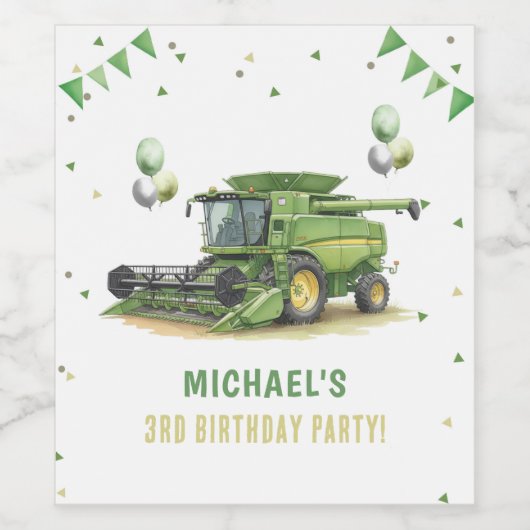 Modern Green Farm Tractor 3rd Birthday ワインラベル (シングルラベル)