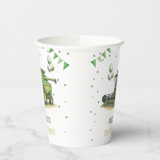 Modern Green Farm Tractor 3rd Birthday 紙コップ (左)