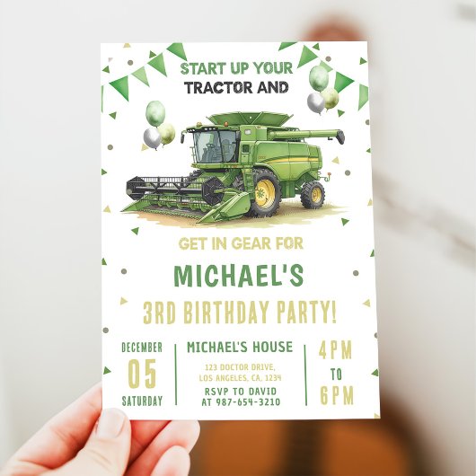 Modern Green Farm Tractor 3rd Birthday Invitation 招待状