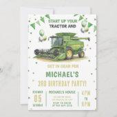 Modern Green Farm Tractor 3rd Birthday Invitation 招待状 (正面)