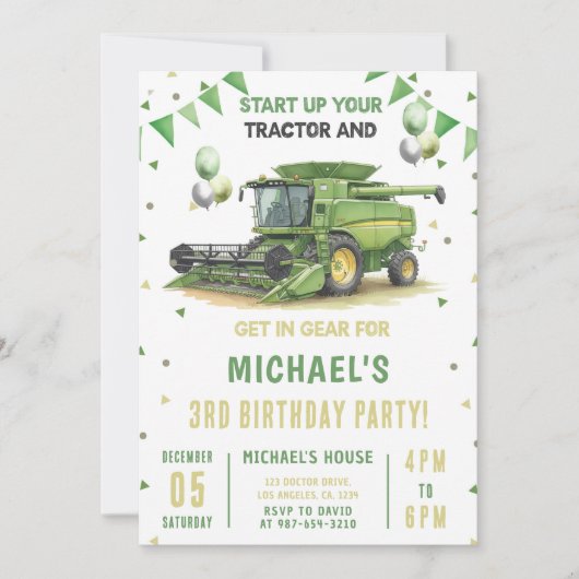 Modern Green Farm Tractor 3rd Birthday Invitation 招待状 (正面)