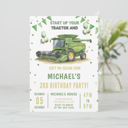 Modern Green Farm Tractor 3rd Birthday Invitation 招待状 (スタンド正面)