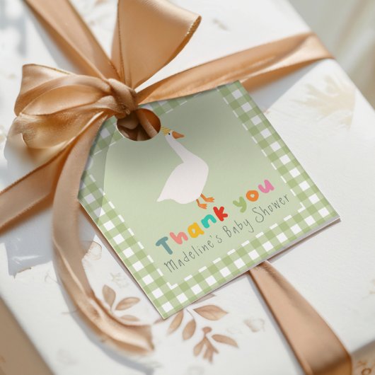 Modern Green Gingham Silly Goose Baby Shower フェイバータグ