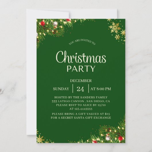Modern Green & Gold Christmas Party Invitation 招待状 (正面)