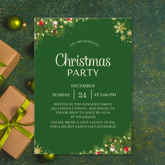 Modern Green & Gold Christmas Party Invitation 招待状