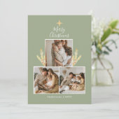 Modern Green & Gold Christmas Tree 3 Photo Collage シーズンカード (スタンド正面)