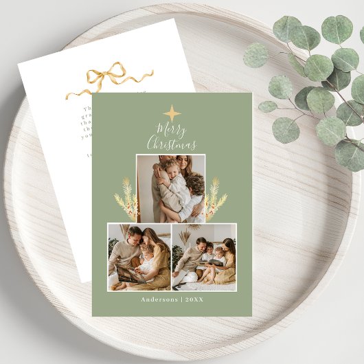 Modern Green & Gold Christmas Tree 3 Photo Collage シーズンカード