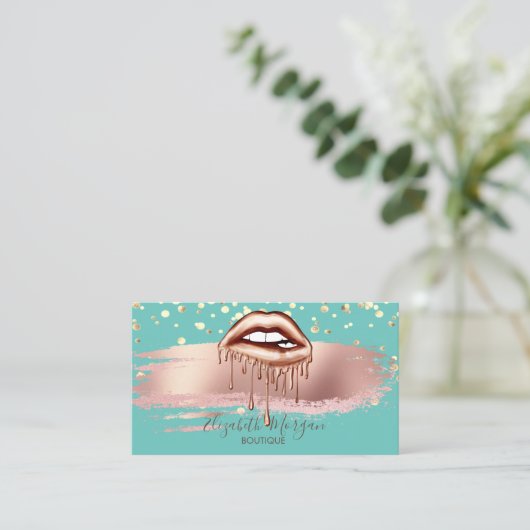 Modern Green Gold Confetti, Brush Stroke Lips 名刺 (スタンド正面)