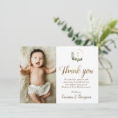 Modern Green Gold Cross baptism 1st birthday photo サンキューカード (スタンド正面)