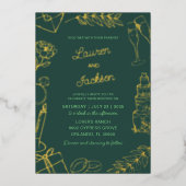 Modern Green & Gold Hand Drawn Wedding 箔招待状 (正面)