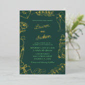 Modern Green & Gold Hand Drawn Wedding 箔招待状 (立ち正面)