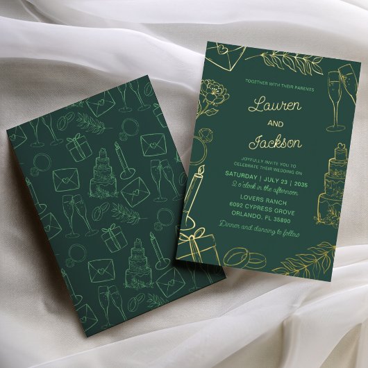 Modern Green & Gold Hand Drawn Wedding 箔招待状
