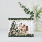 Modern Green Gold Holly Photo Christmas Postcard シーズンポストカード (スタンド正面)