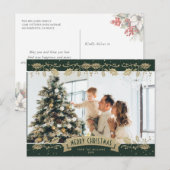 Modern Green Gold Holly Photo Christmas Postcard シーズンポストカード (正面/裏面)