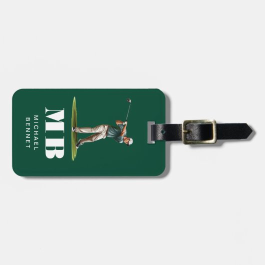 Modern Green Golfer Sport Monogram ラゲッジタグ (正面横)