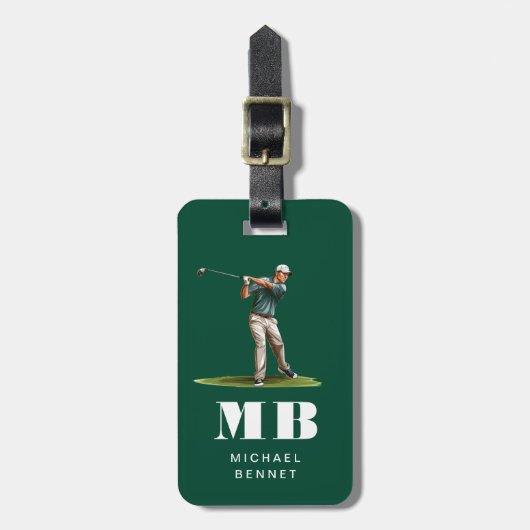 Modern Green Golfer Sport Monogram ラゲッジタグ (正面縦)
