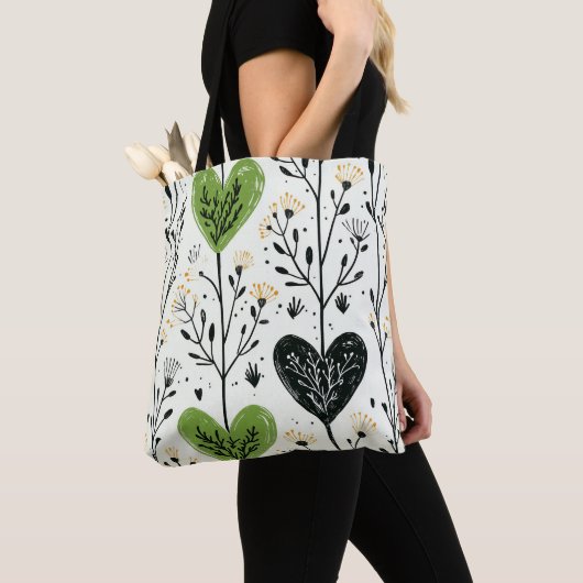 Modern Green Heart Botanical Tote Bag トートバッグ (クローズアップ)