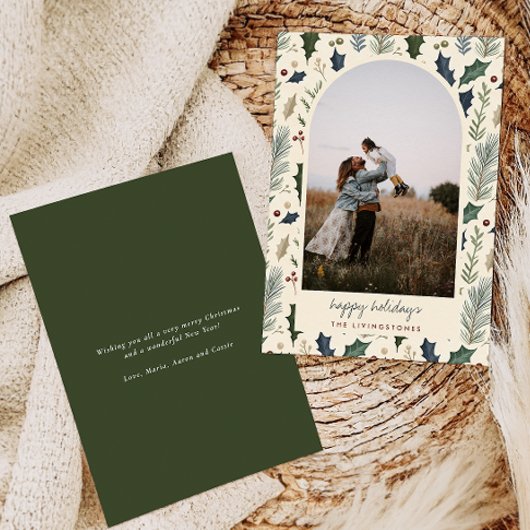 Modern Green Holly & Pine Leaves Arch Photo シーズンカード