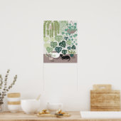 Modern Green Indoor Plants Cat Illustrated Poster ポスター (キッチン)
