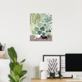 Modern Green Indoor Plants Cat Illustrated Poster ポスター (ホームオフィス)