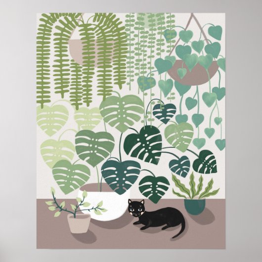 Modern Green Indoor Plants Cat Illustrated Poster ポスター (正面)