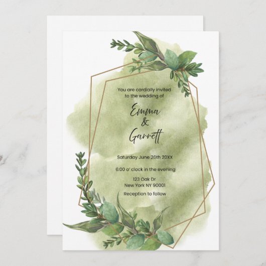 Modern Green Leaf Wedding Invitation 招待状 (正面/裏面)