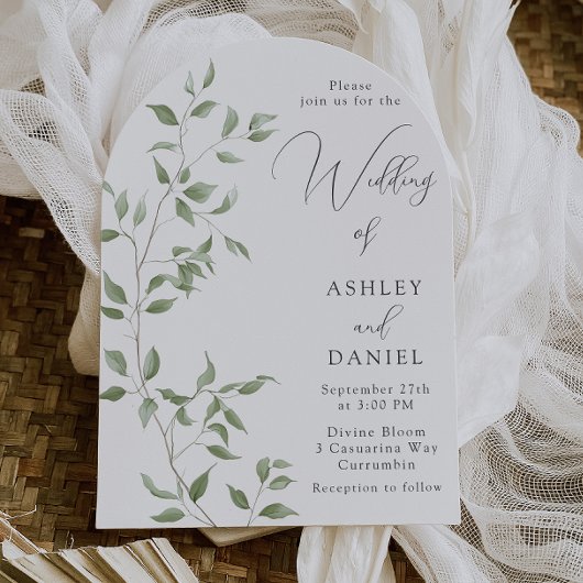 Modern Green Leaves Elegant Wedding 招待状