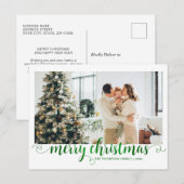 Modern Green Merry Christmas Heart Script Photo シーズンポストカード (正面/裏面)