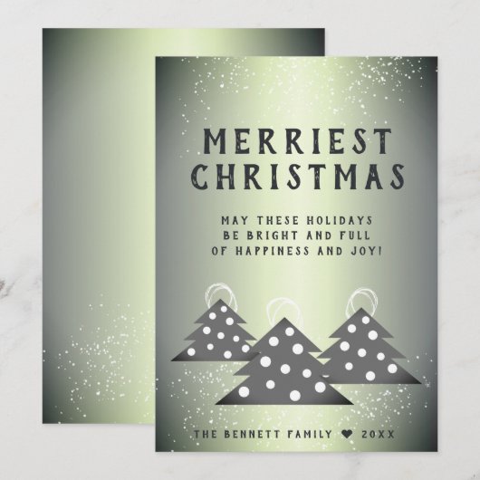 Modern Green Metallic Christmas Tree Merriest シーズンカード (正面/裏面)