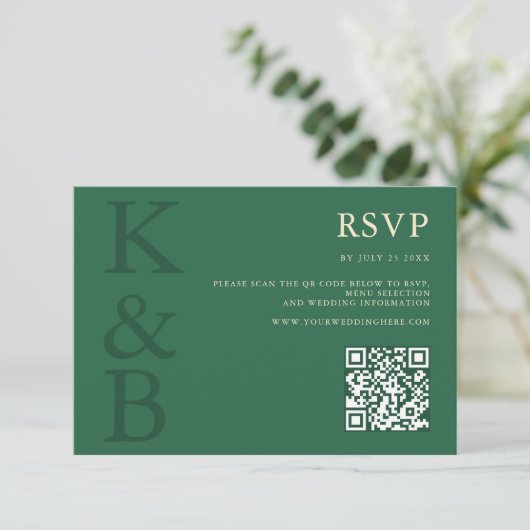 Modern Green Monogram Minimalist Wedding 出欠カード (スタンド正面)