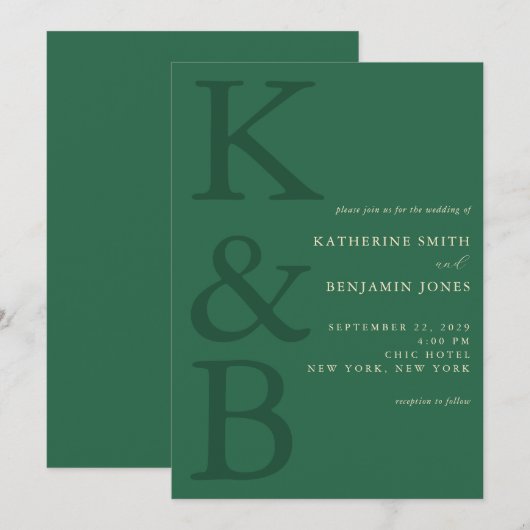 Modern Green Monogram Minimalist Wedding 招待状 (正面/裏面)