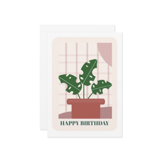 Modern Green Monstera Leaf Plant Birthday Card カード (正面/裏面インサイチュ)