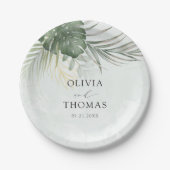 Modern Green Monstera Tropical Wedding ペーパープレート (正面)