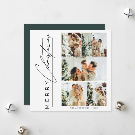 Modern Green Multi Photo Merry Christmas Script シーズンカード (正面/裏面インサイチュ)