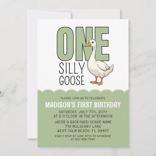 Modern Green One Silly Goose 1st Birthday 招待状 (正面)