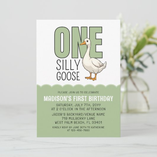 Modern Green One Silly Goose 1st Birthday  招待状 (スタンド正面)